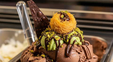 Dubai chocolate gelato in professionele ijsvitrine met kataifi en chocolade